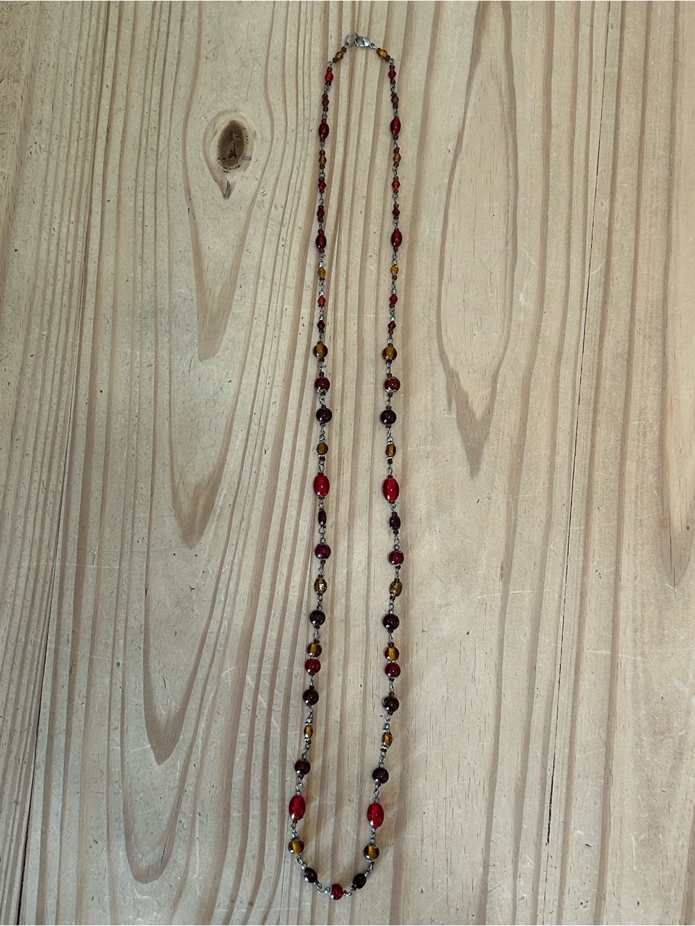 Long Beaded Necklace in Red and Amber Beads Tones